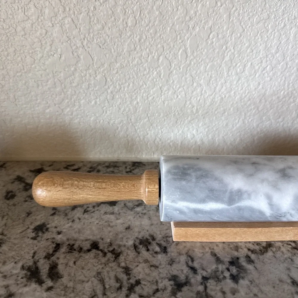 Vtg Marble Rolling Pin White & Gray With Wooden Handles & Base Stand Heavy